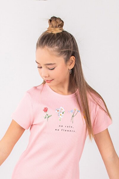 DMB BOYS & GIRLS Kız Çocuk 8-14 Yaş Çiçek Detaylı Kısa Kol Kaşkorse Yazlık Elbise