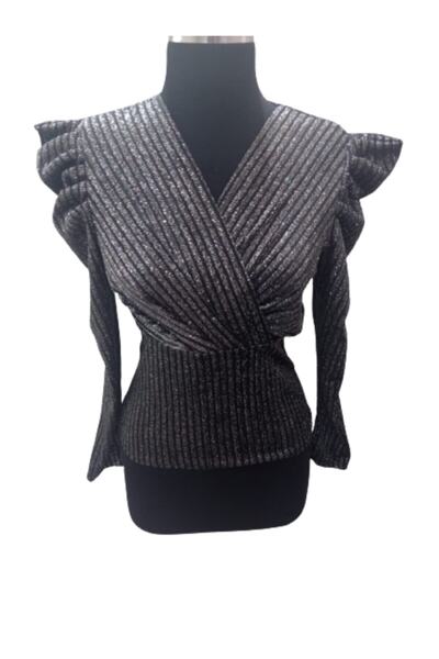 ZY BUTİK Black Silver Glitter Crochet Collar Blouse
