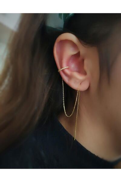 Erer Gümüş Gümüş Burgu Kıkırdak Model Zincirli Küpe Dy9e386