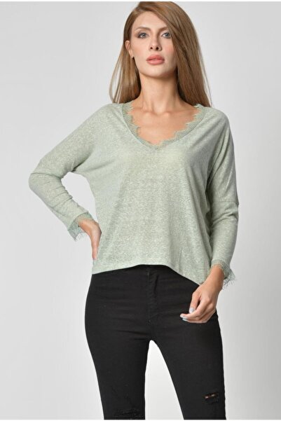 Cotton Candy Kadın Su Yeşili Yaka Ve Kol Dantel Detaylı Uzun Kol Tişört