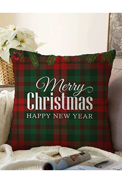 Realhomes Çift Taraflı Ekose Zeminde Merry Christmas Dijital Baskılı Dekorati...