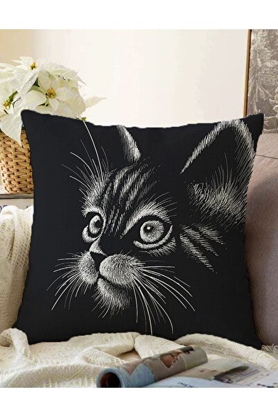 Realhomes Çift Taraflı Siyah Beyaz Sevimli Kedi Dijital Baskılı Modern Raşel ...