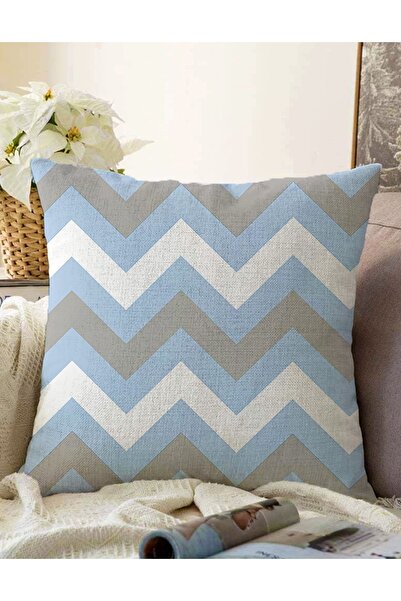 Realhomes Çift Taraflı Mavi Gri Zigzag Desenli Dijital Baskılı Dekoratif Raşe...