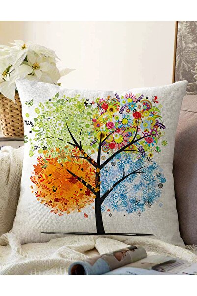 Realhomes 4 Mevsim Ağaç Resimli Çift Taraflı Dekoratif Raşel Örme Yastık Kırl...