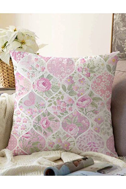 Realhomes Pudra Çiçekler Temalı Çift Taraflı Dekoratif Raşel Örme Yastık Kırl...