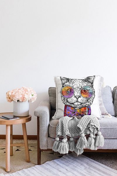Realhomes Pisică alb-neagră cu ochelari colorați, imprimată digitală, modernă, cu două fețe Raschel, husă de pernă