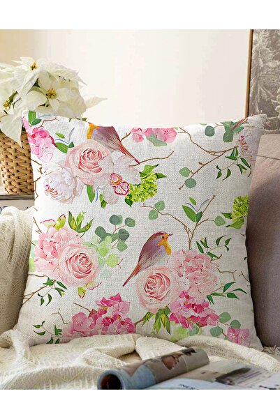 Realhomes Renkli Kuş Motifli Dijital Baskılı Çift Taraflı Raşel Örme Yastık K...