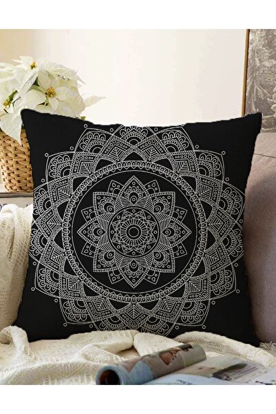 Realhomes Față de pernă Raschel neagră cu model Mandala albă - Tricotate deco...