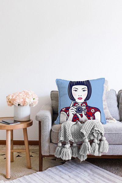 Realhomes Fotografie față-verso, cu motiv de fată japoneză Raschel, tricotată, husă de pernă