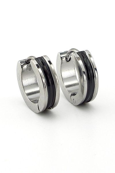 Solfera Black Stripe Design Stainless Steel Men's Hoop Earrings E804