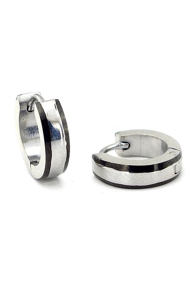 Solfera Pair Black Striped Silver Color Steel Men's Hoop Earrings E862