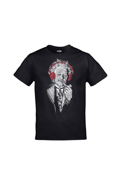 Orijin Tekstil Unisex Black Albert Einstein Headphones Printed T-shirt