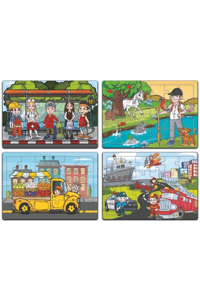 minİQ toys Wooden Puzzle Set of 4 Professions and Vehicles Our Animal Friends Fives with Bags Greengrocer's Pickup)