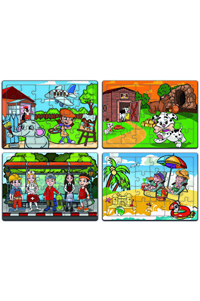 minİQ toys Ahşap 4’lü Yapboz Seti(ressam Fil Ve Ark.-sevimli Köpek Ve Ark.-yaz Tatili-çantalı Beşler)