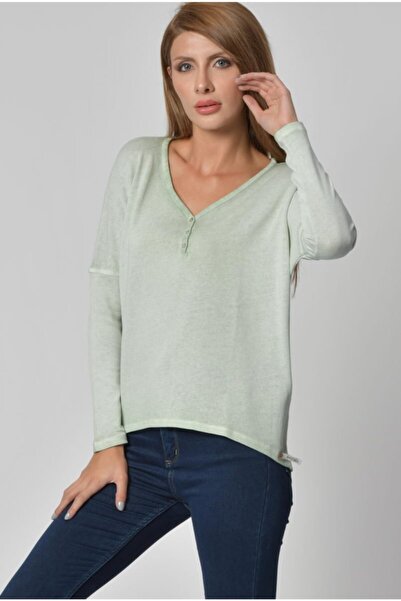Cotton Candy Women's Water Green Button Detailed V-Neck Long Sleeve T-Shirt