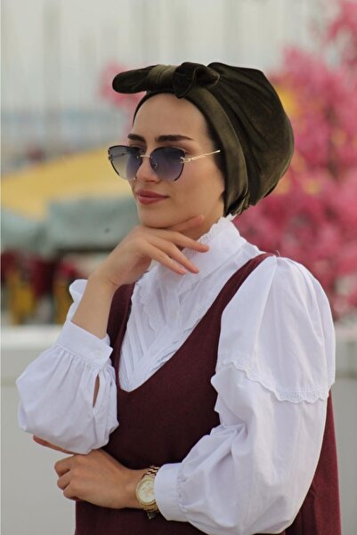 Sahra Şal Dünyası Двустранна зимна шапка Haki Velvet