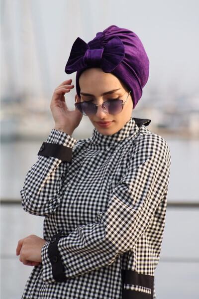 Sahra Şal Dünyası Kadın Mor Kadife Cift Taraflı Kışlık Bone