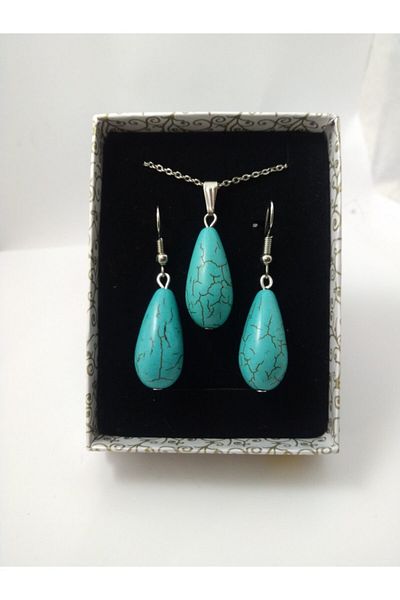 BalıkHediyelik Women's Turquoise Jewelled Necklace Earring Set
