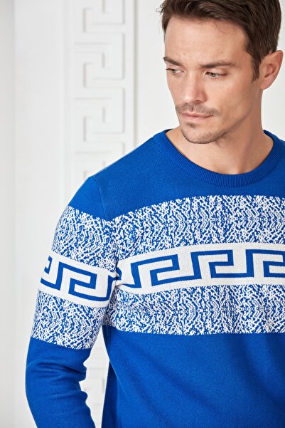 Mondo Erkek Saks Mavisi Antik Desenli Triko Kazak