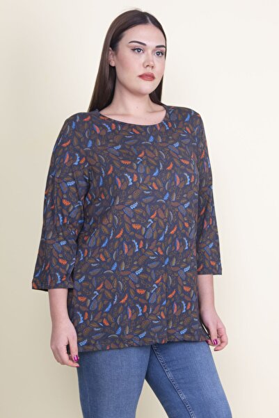 Şans Marineblaue Viskose-Blumenbluse für Damen in großen Größen 65n21053-1