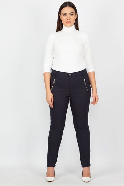 Şans Women's Large Size Navy Blue Zipper Detailed Trousers 65n20932