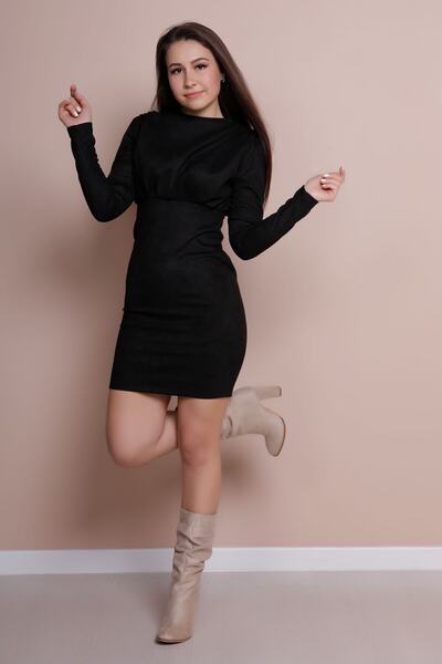 Bidoluelbise Mini rochie de damă din piele intoarsa neagra cu umar