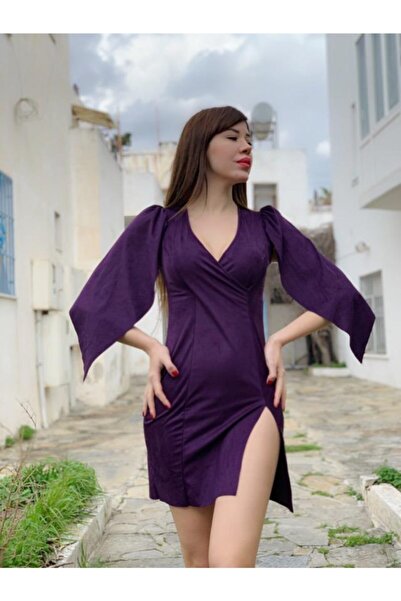 KAYAHAN COLLECTION Kadın Mor Omzu Parça Kumaşlı Yırtmaçlı Elbise