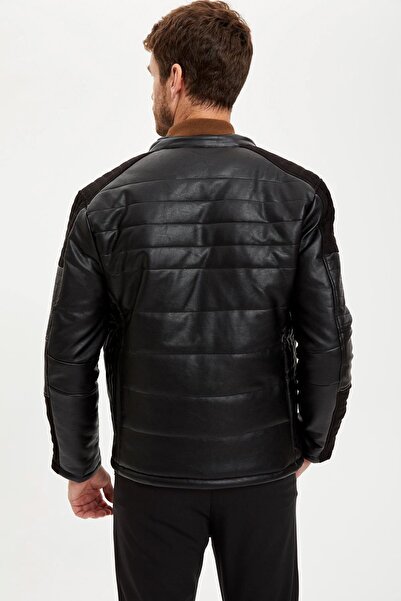 DeFacto Stand Collar Faux Leather Coat with Shoulder and Sleeve Detail