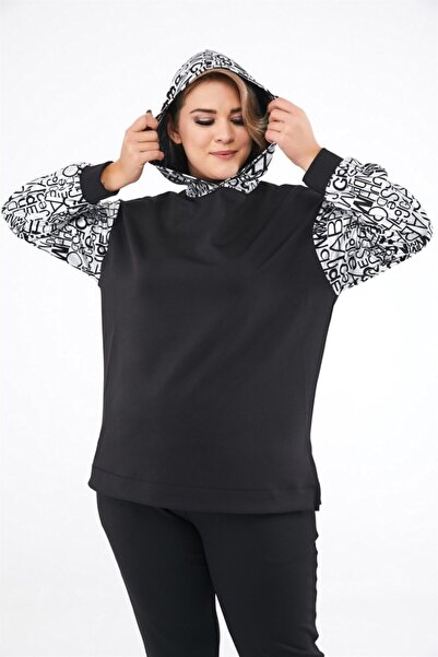 Seamoda Γυναικείο μαύρο μανίκι και κουκούλα με γυαλιστερή εκτύπωση μασίφ φούτερ