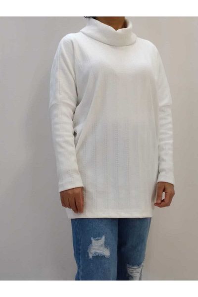 Mertcan Butik Bluză tunică albă cu mânecă liliac cu guler