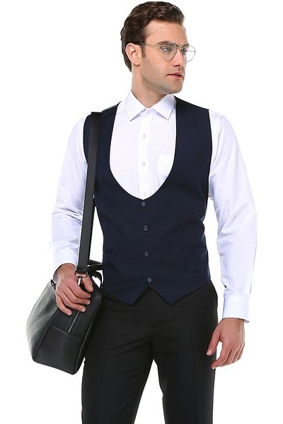 Varetta Men's Navy Blue Slim Fit Vest And Navy Blue Bow Tie