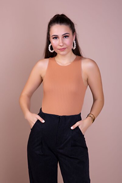 Bidoluelbise Women's Camel Knitted Body with Snap Fasteners