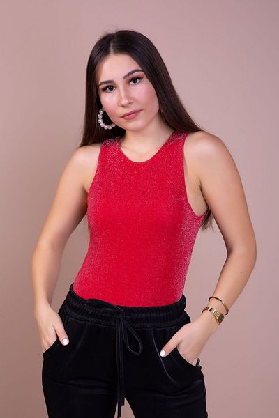 Bidoluelbise Women's Red Glittered Knitted Body with Snap Fasteners