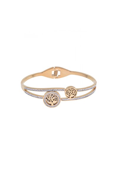 MODAMUGO Kadın Gold İkili Hayat Ağacı Zirkon Taşlı Çelik Kelepçe Bileklik