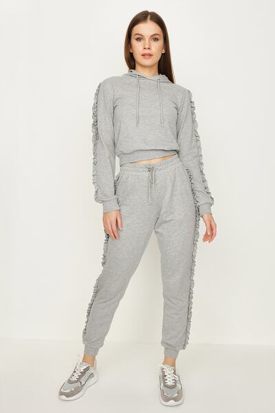 Select Moda Kadın Gri Fırfır Detay Jogger Pantolon