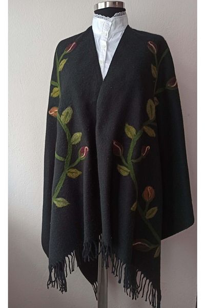 AYNALI BOHÇA Women's Black Wool Felting Poncho Shawl