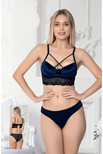 Gümüş İnci Kadın Lacivert Kadife Sütyen Takımı