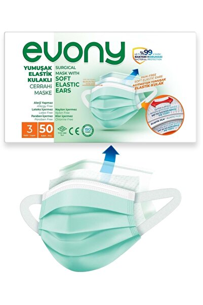 Evony 3 Katlı Filtreli Burun Telli Cerrahi Maske 50'li Paket -Yumuşak Elastik Kulaklı