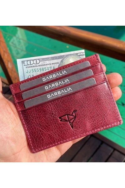 Garbalia Unisex Claret Red Medallion Crazy Leather Card Holder Wallet