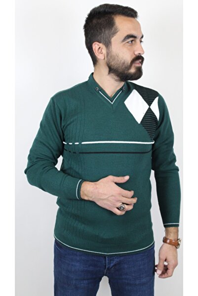 Bilgiçler Men's Green V-Neck Slim Fit Sweater