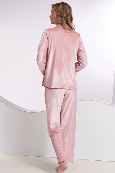 Sevim Kadın Koyu Somon Kadfife Düğmeli Pijama Takım
