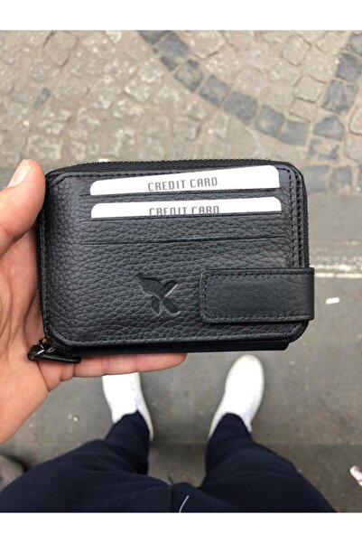 Karalı Deri Fermuarlı Kartlıklı Para Bölmeli Hakiki Deri Cüzdan - Siyah Krld68