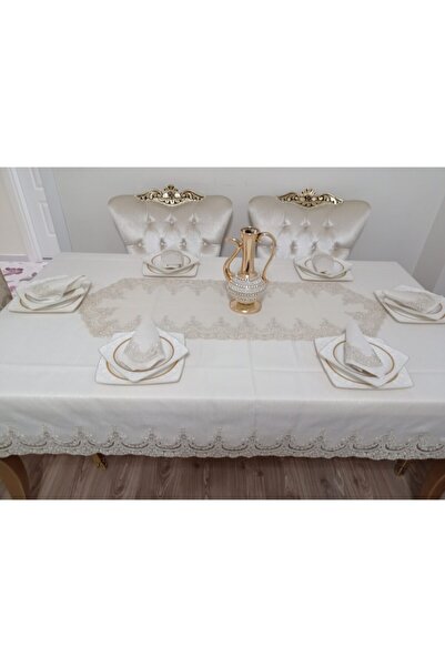 HUZUR ÇEYİZ Fransız Zarif Koçbaşı Güpür Linen Kumaş Üzerine Kapiçino Rengi Ye...