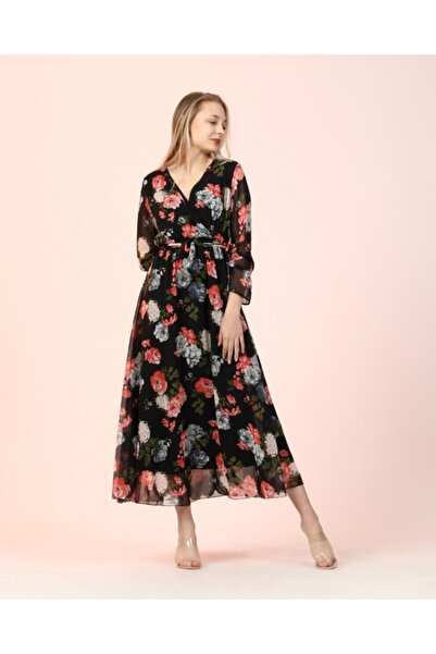 CİXAPLE Γυναικείο Μακρύ Φόρεμα Σιφόν με Μαύρο Φλοράλ Σχέδιο