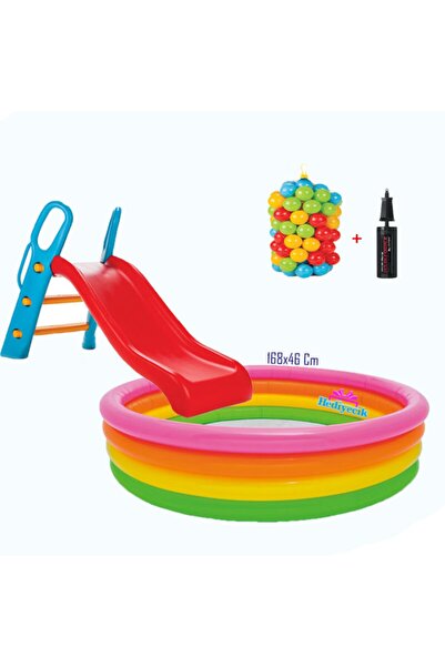 hediyecik Kaydıraklı Oyun Seti Şişme 4 Boğumlu Havuz 168x46 Cm + 6 Cm 100'lü ...