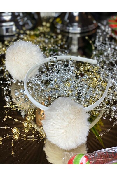 QUEEN AKSESUAR Сатенена кремава малка пухкава плюшена корона с помпони Детска корона с помпони