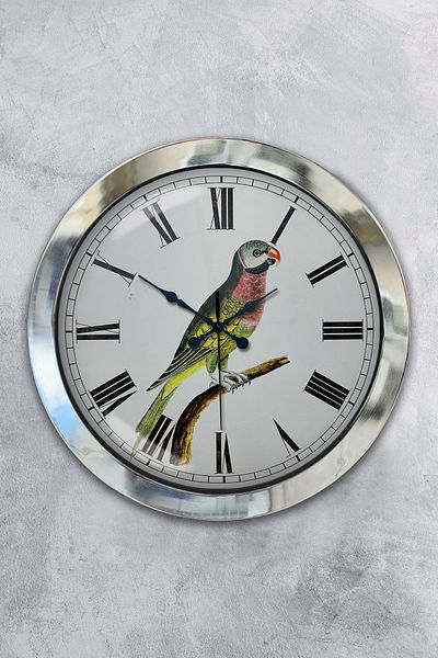 Kasva Concept Gift 36 cm Chrome Metal Wall Clock with Bird