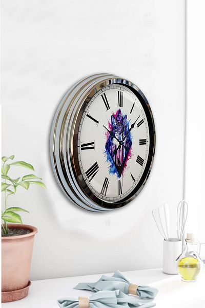 Kasva Concept Gift 40 cm Chrome Metal Wolf Wall Clock