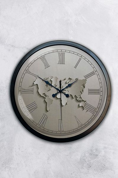 Kasva Concept 40 cm Black Metal White Map Wall Clock