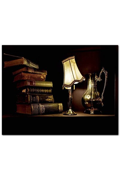 Cakatablo Ahşap Tablo Masa Abajur Kitaplar Antika Metal Surahi Görseli (25x35...
